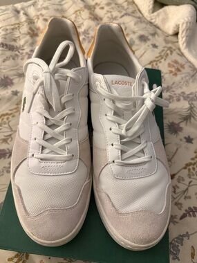Lacoste White Sneakers with Beige Suede and Yellow Heel Tab